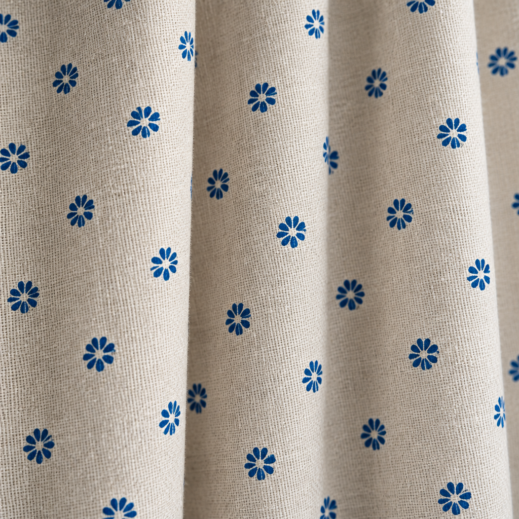 Cottage Petals Tassel Curtain close-up of the blue daisy print on natural linen-look fabric