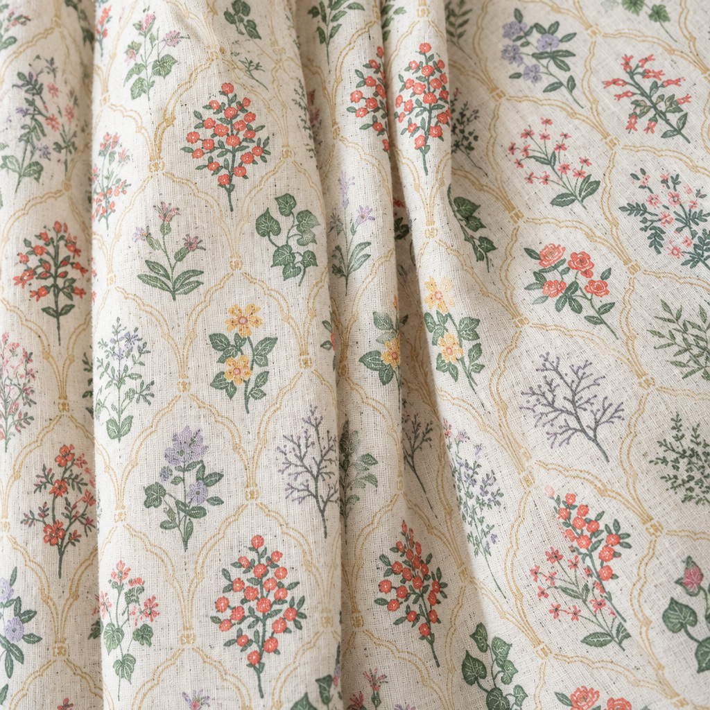 Close-up of Wildflower Lace Ruffle Curtain fabric: multicolour botanical sprigs in a fine trellis on cream linen-look fabric