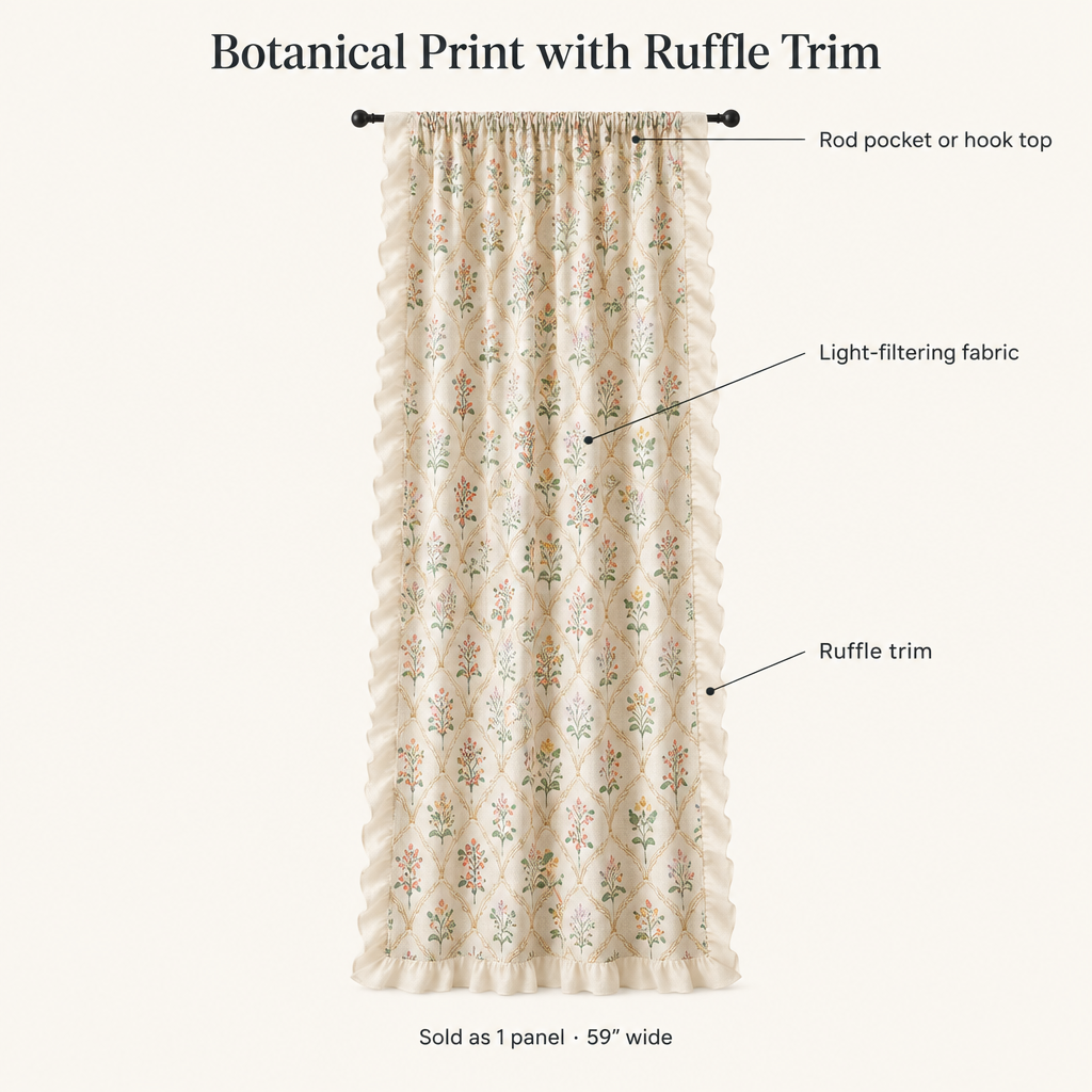 Wildflower Lace Ruffle Curtain features: rod pocket or hook top, light-filtering fabric, ruffle trim, sold as 1 panel 59 inches wide