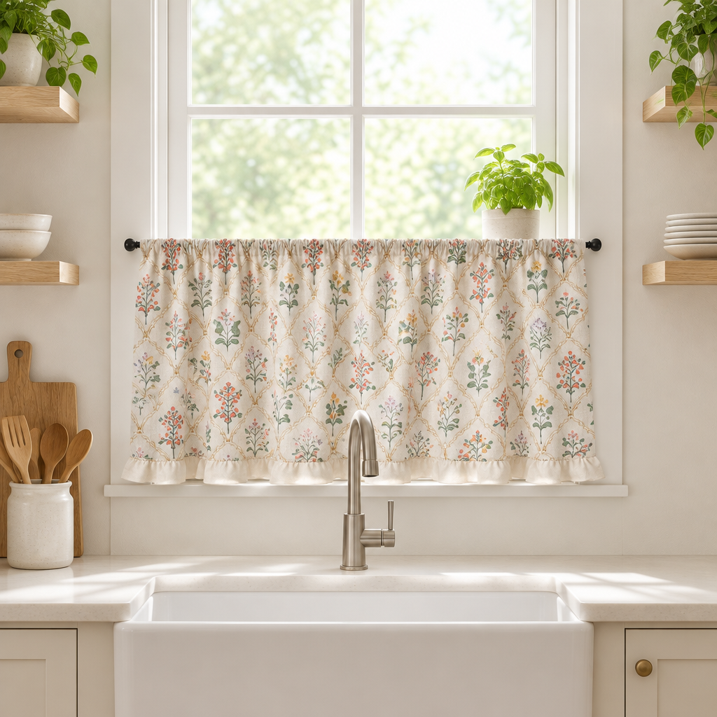 Wildflower Lace Ruffle Curtain in cafe length above a kitchen sink, cream botanical print with ruffled hem