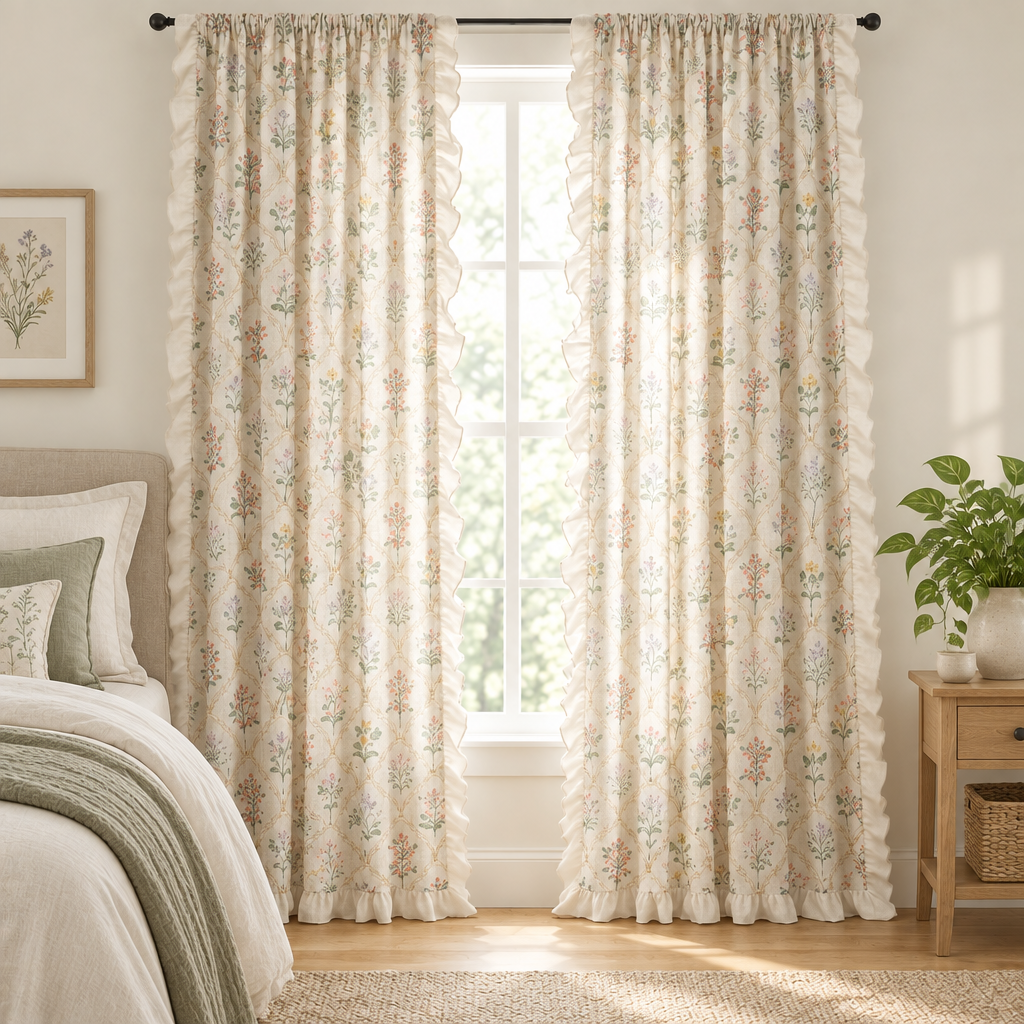 Wildflower Lace Ruffle Curtain drawn closed in a bedroom, cream botanical print filtering soft daylight