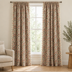 Noveau Ditsy Floral Tassel Curtain in Ivory Tapestry, cream damask medallion panels hanging full length at a tall white window
