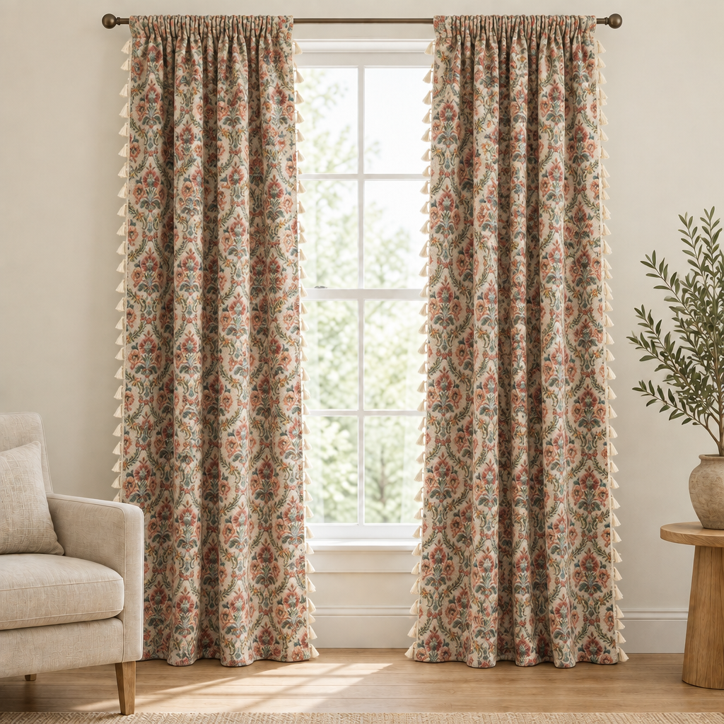 Noveau Ditsy Floral Tassel Curtain in Ivory Tapestry, cream damask medallion panels hanging full length at a tall white window