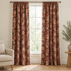 Noveau Ditsy Floral Tassel Curtain in Rust Garden, terracotta floral panels hanging full length at a tall white window
