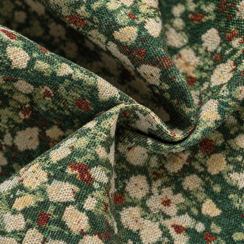Noveau Ditsy Floral Tassel Curtain Emerald Bloom close-up of the woven ditsy floral jacquard