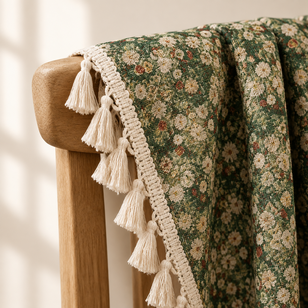 Noveau Ditsy Floral Tassel Curtain Emerald Bloom close-up of the cream tassel fringe edge