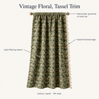 Noveau Ditsy Floral Tassel Curtain features: rod pocket, grommet or hook top, tassel-trimmed edge, light-filtering weave, sold as 1 panel 59 inches wide