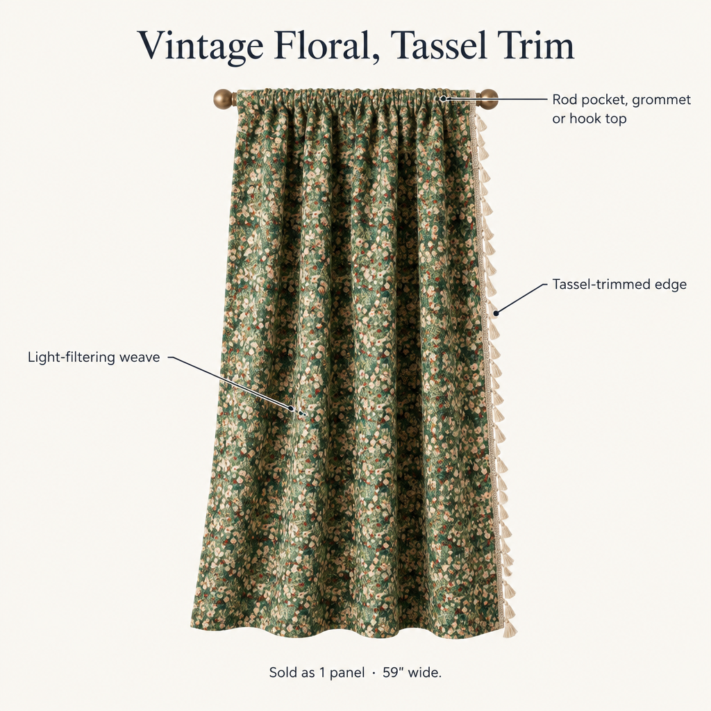 Noveau Ditsy Floral Tassel Curtain features: rod pocket, grommet or hook top, tassel-trimmed edge, light-filtering weave, sold as 1 panel 59 inches wide