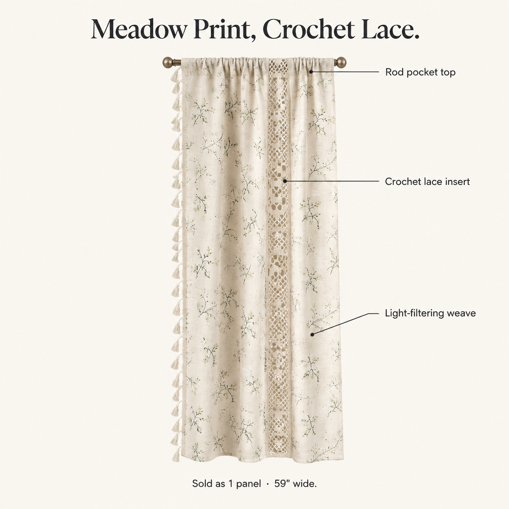 Whimsical Meadow Lace Curtain features: rod pocket top, crochet lace insert, light-filtering weave, sold as 1 panel 59 inches wide