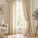 Whimsical Meadow Lace Curtain filtering soft daylight in a bright living room, one panel tied back