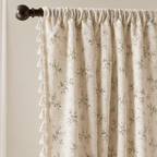 Whimsical Meadow Lace Curtain rod pocket top gathered on a curtain rod