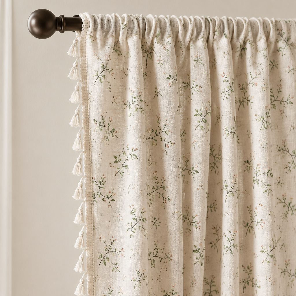 Whimsical Meadow Lace Curtain rod pocket top gathered on a curtain rod