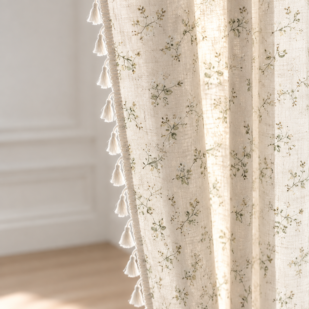 Whimsical Meadow Lace Curtain close-up of the tassel fringe edge with daylight filtering through the botanical print