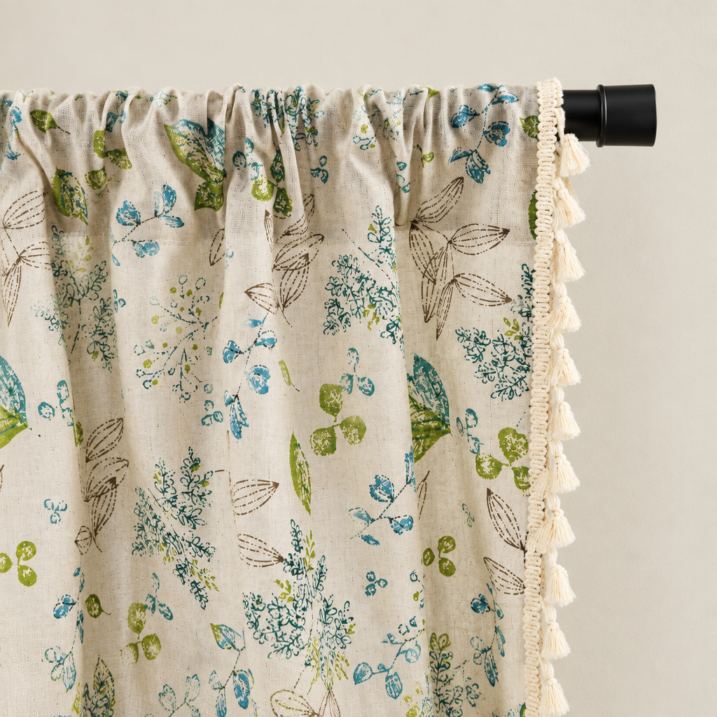 Wildflower Veil Curtain rod pocket top gathered on a black rod, with tassel trim down the edge