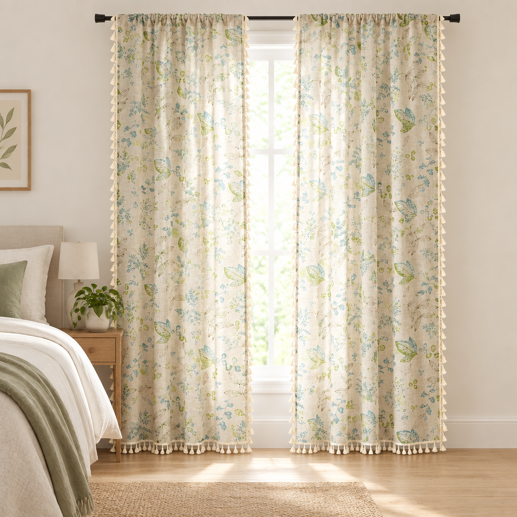 Wildflower Veil Curtain drawn closed in a bedroom, botanical leaf print filtering soft daylight