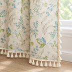 Close-up of Wildflower Veil Curtain hem and edge with cream tassel trim