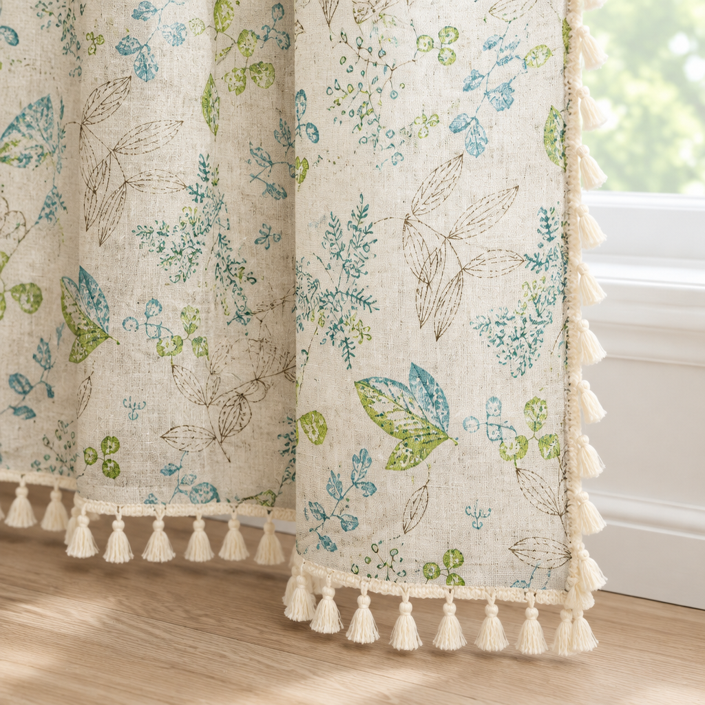 Close-up of Wildflower Veil Curtain hem and edge with cream tassel trim