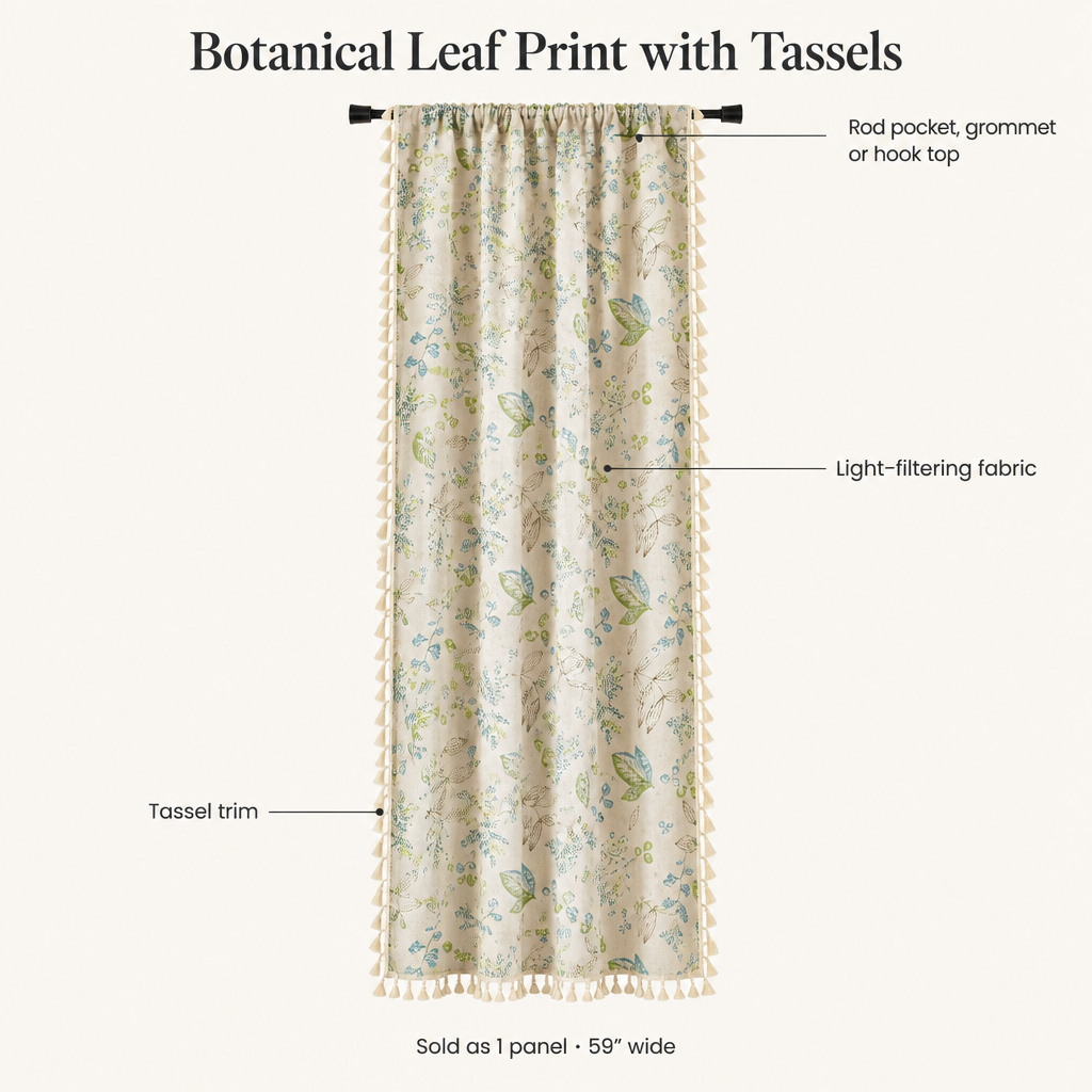 Wildflower Veil Curtain features: rod pocket, grommet or hook top, light-filtering fabric, tassel trim, sold as 1 panel 59 inches wide