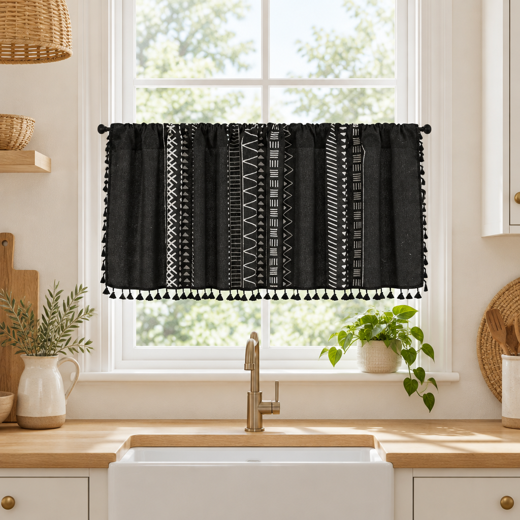 Black geometric tribal tassel café curtain hung on a rod across a bright kitchen window