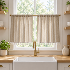 Boho Cotton Linen Kitchen Curtains in Khaki — pair of café tier curtains with embroidered stripes and tassel hem on a kitchen window above the sink