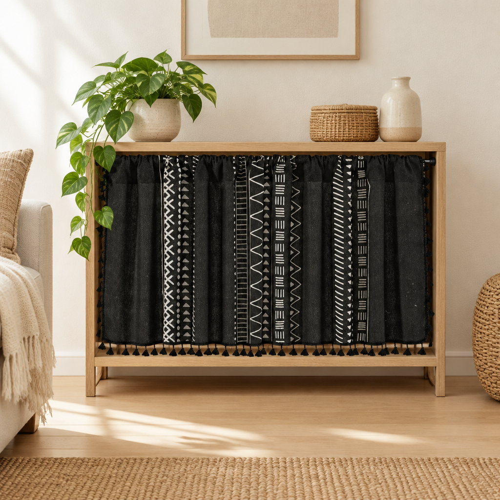 Black geometric tribal tassel cabinet curtain covering an open oak cabinet