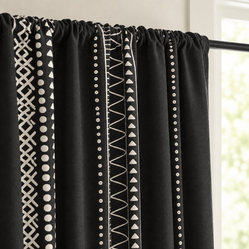 Close-up of the black tribal curtain rod pocket heading gathered on a black rod