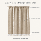 Boho Cotton Linen Kitchen Curtains features — rod pocket heading, embroidered chain stripes, tassel-trimmed hem, light-filtering 52 inch wide panel