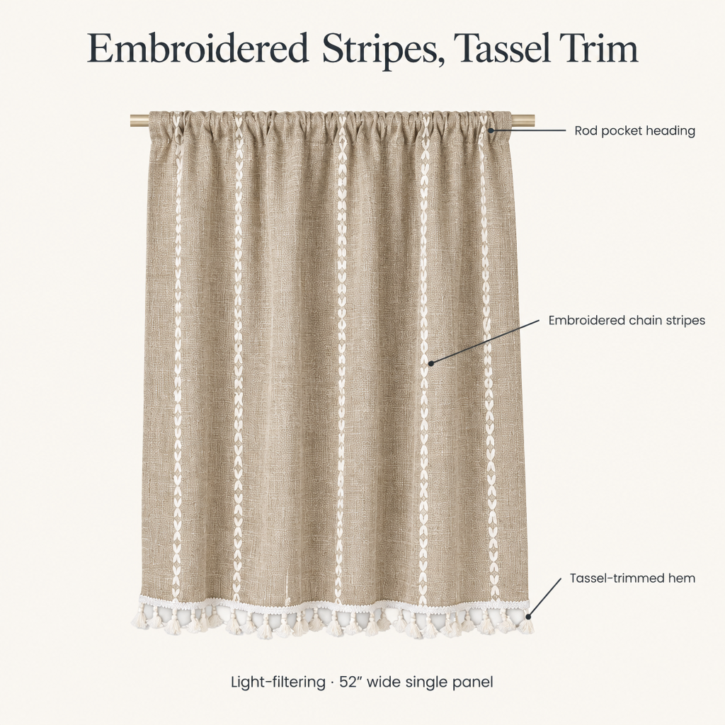 Boho Cotton Linen Kitchen Curtains features — rod pocket heading, embroidered chain stripes, tassel-trimmed hem, light-filtering 52 inch wide panel