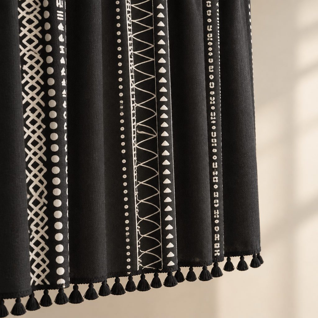Close-up of black fabric with white tribal geometric bands and black tassel hem