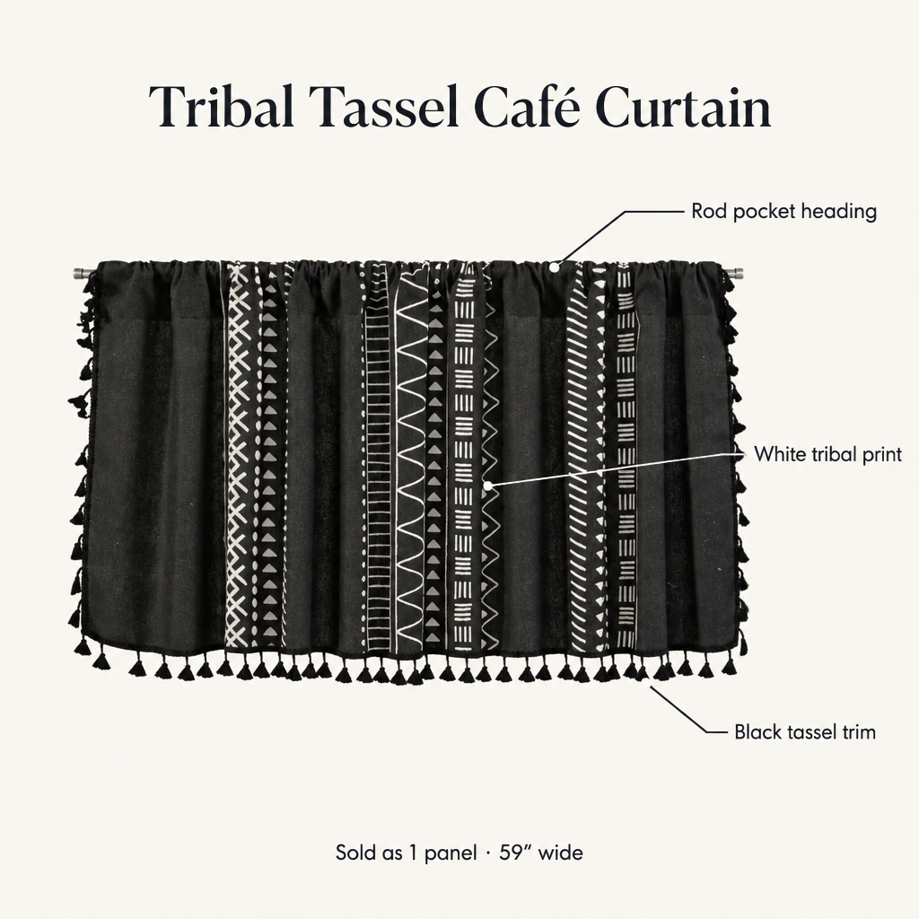 Black tribal tassel café curtain features: rod pocket heading, white tribal print, black tassel trim, sold as 1 panel 59 inches wide