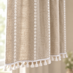 Boho Cotton Linen Kitchen Curtains in Khaki — close-up of embroidered stripes and white tassel hem in window light