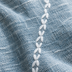 Boho Cotton Linen Kitchen Curtains in Blue — macro close-up of slub linen-look weave and white embroidered chain stripe