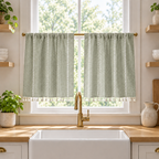 Boho Cotton Linen Kitchen Curtains in Green — sage café tier curtains with white embroidered stripes and tassels on a kitchen window