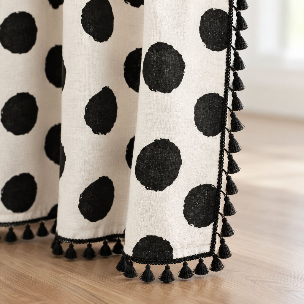 Close-up of the black tassel trim and hand-printed polka dots on the linen-texture curtain