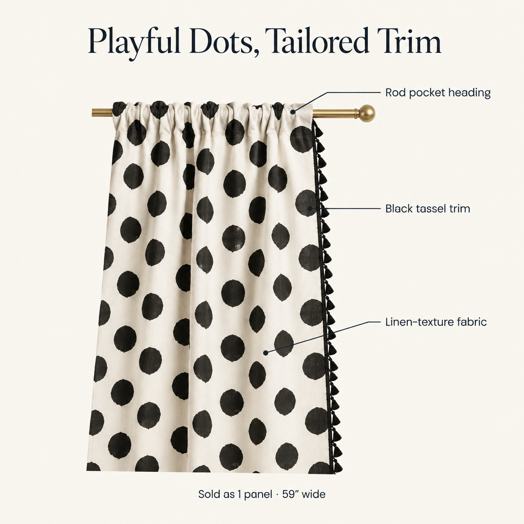 Chic Polka Dot Tassel Window Curtain features: rod pocket heading, black tassel trim, linen-texture fabric, sold as 1 panel 59 inches wide