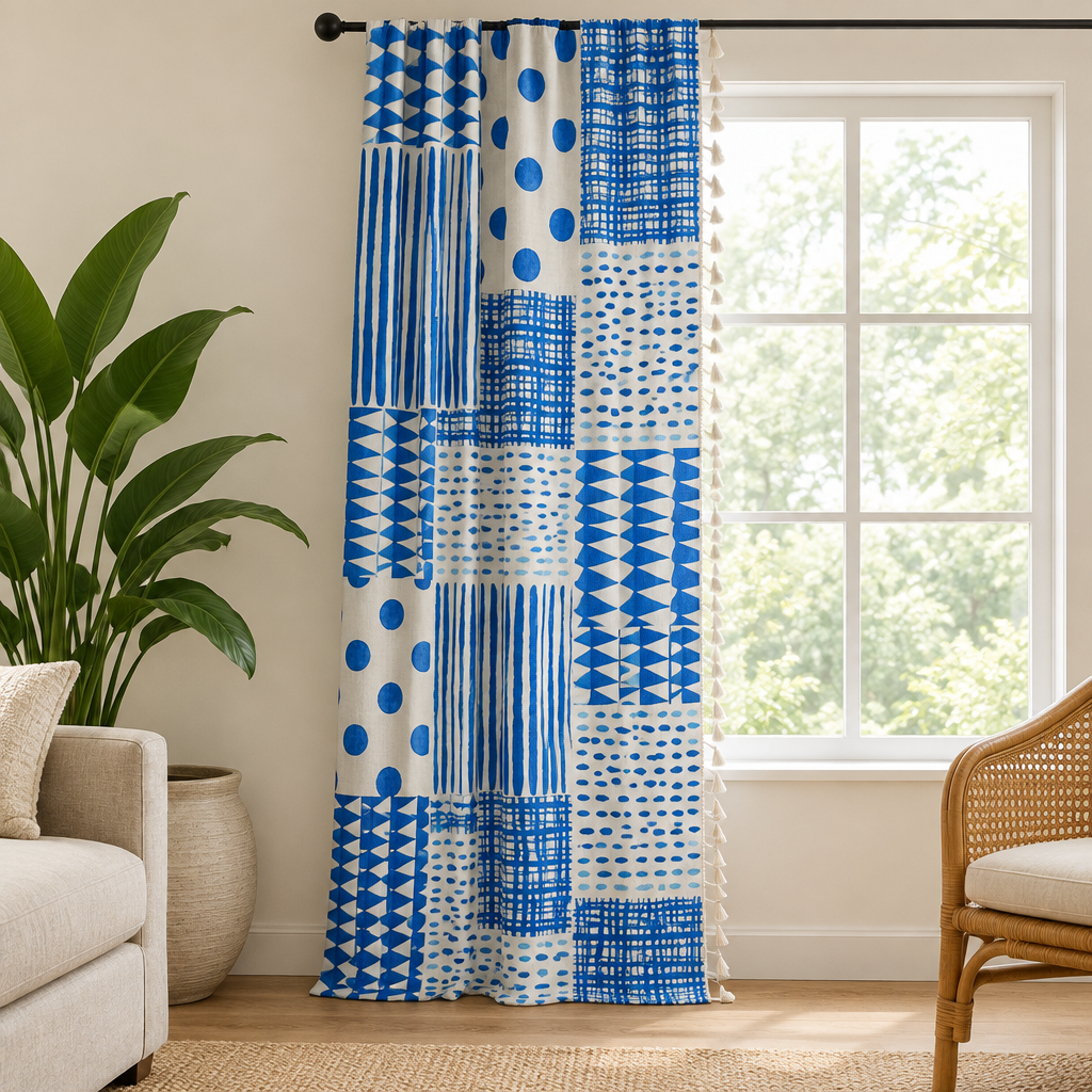 Blue geometric dots patchwork curtain, cobalt on cream with tassel edge, hanging floor length in a bright living room