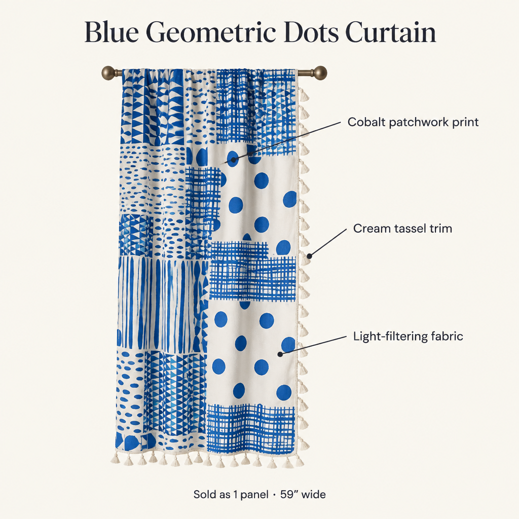 Blue geometric dots curtain features: cobalt patchwork print, cream tassel trim, light-filtering fabric, sold as 1 panel 59 inches wide