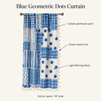 Blue geometric dots curtain features: cobalt patchwork print, cream tassel trim, light-filtering fabric, sold as 1 panel 59 inches wide