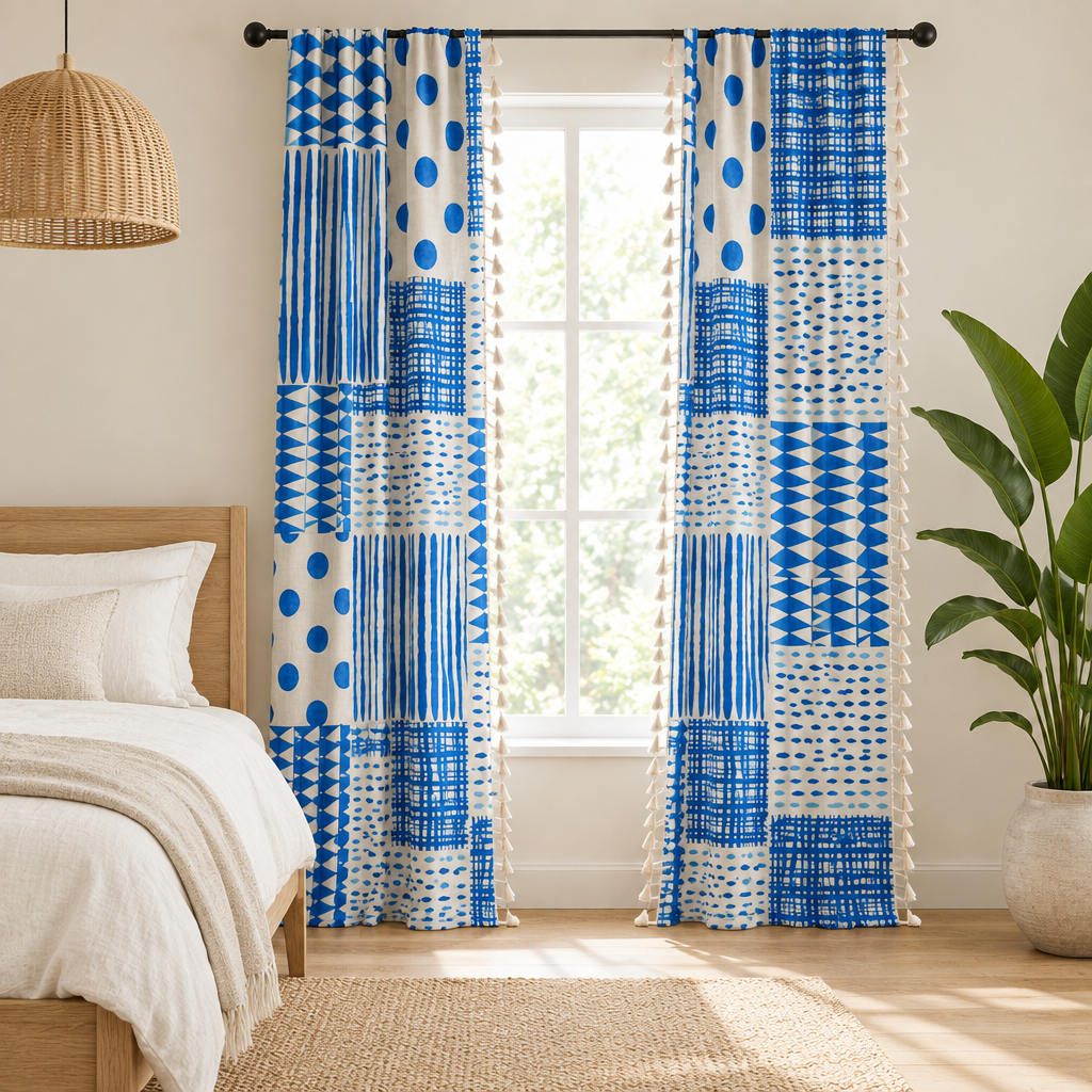 Two panels of the blue geometric dots curtain framing a bedroom window