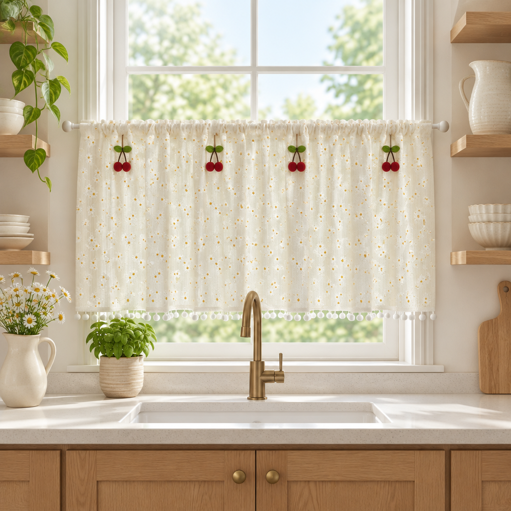 Daisy Breeze Cabinet Curtain in cream with white daisies and pom-pom hem, hung cafe-style across a kitchen window