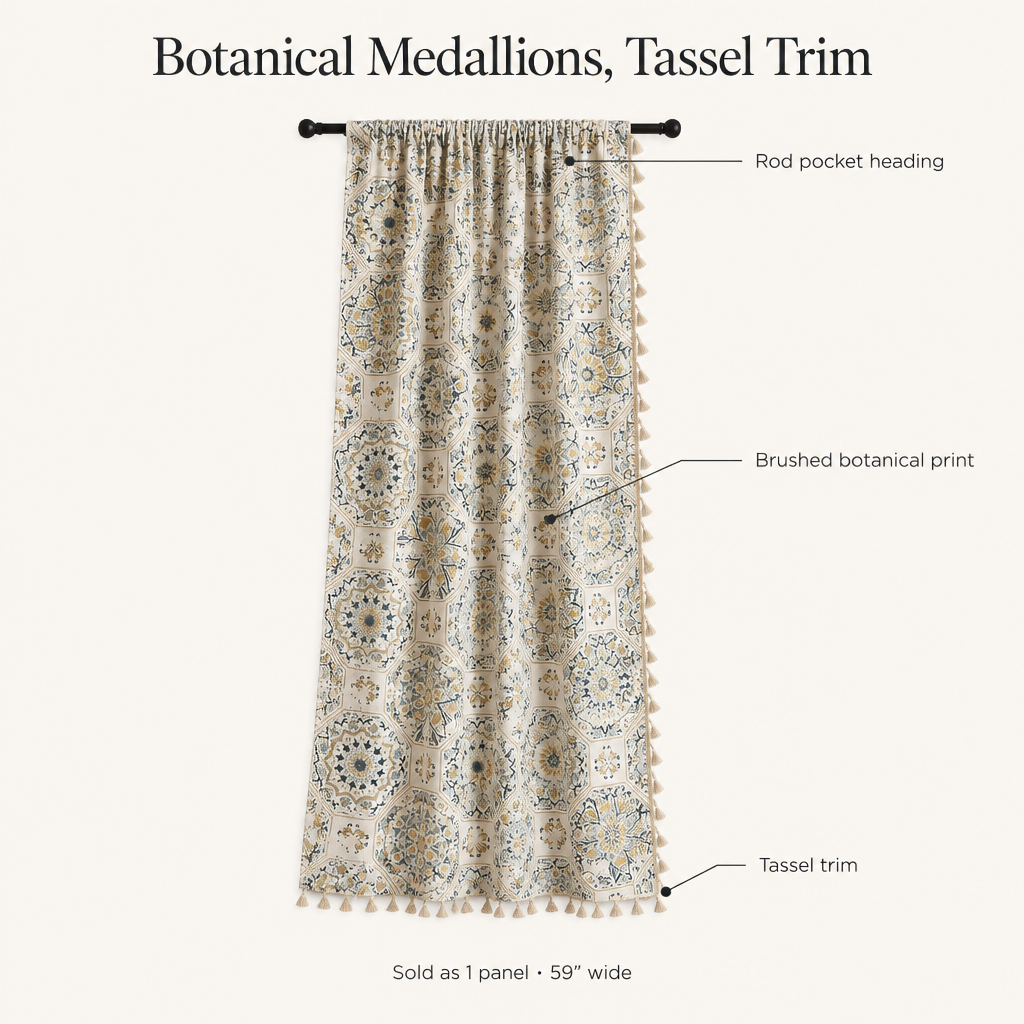 Botanical Bliss Tassel Curtain features — rod pocket heading, brushed botanical print, tassel trim, sold as 1 panel 59 inches wide