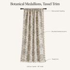 Botanical Bliss Tassel Curtain features — rod pocket heading, brushed botanical print, tassel trim, sold as 1 panel 59 inches wide