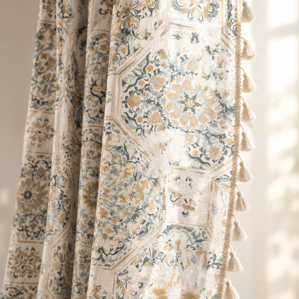 Botanical Bliss Tassel Curtain — close-up of medallion print and beige tassel edge in window light