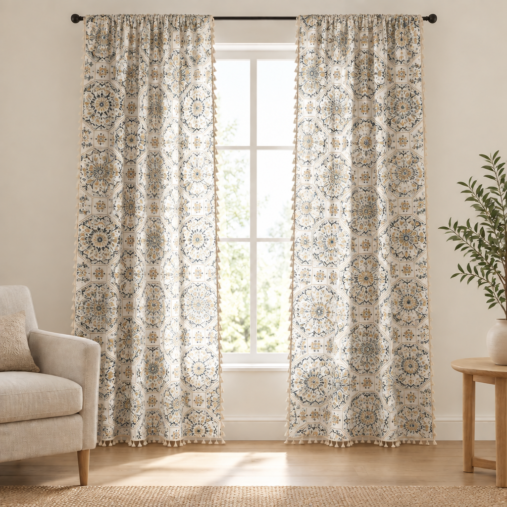 Botanical Bliss Tassel Curtain — cream panels with slate blue and mustard octagonal medallion print and tassel trim on a living room window