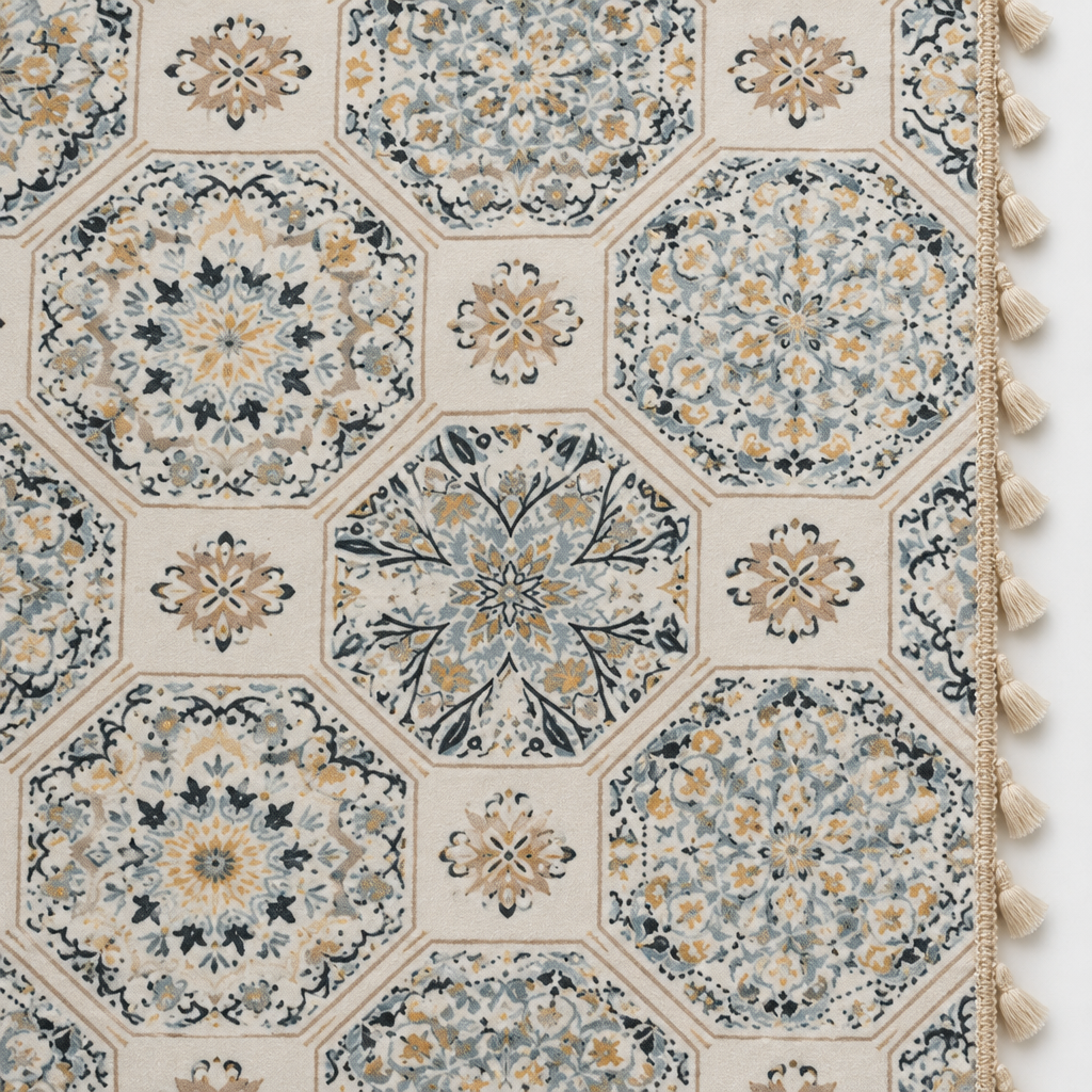 Botanical Bliss Tassel Curtain — flat close-up of octagonal tile medallion print in slate blue, charcoal and mustard on cream
