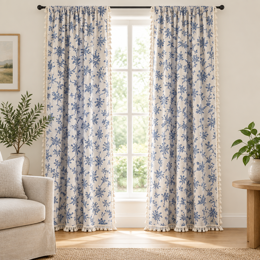 Blue rose floral curtains, navy roses on cream linen-look fabric with tassel edge, framing a living room window