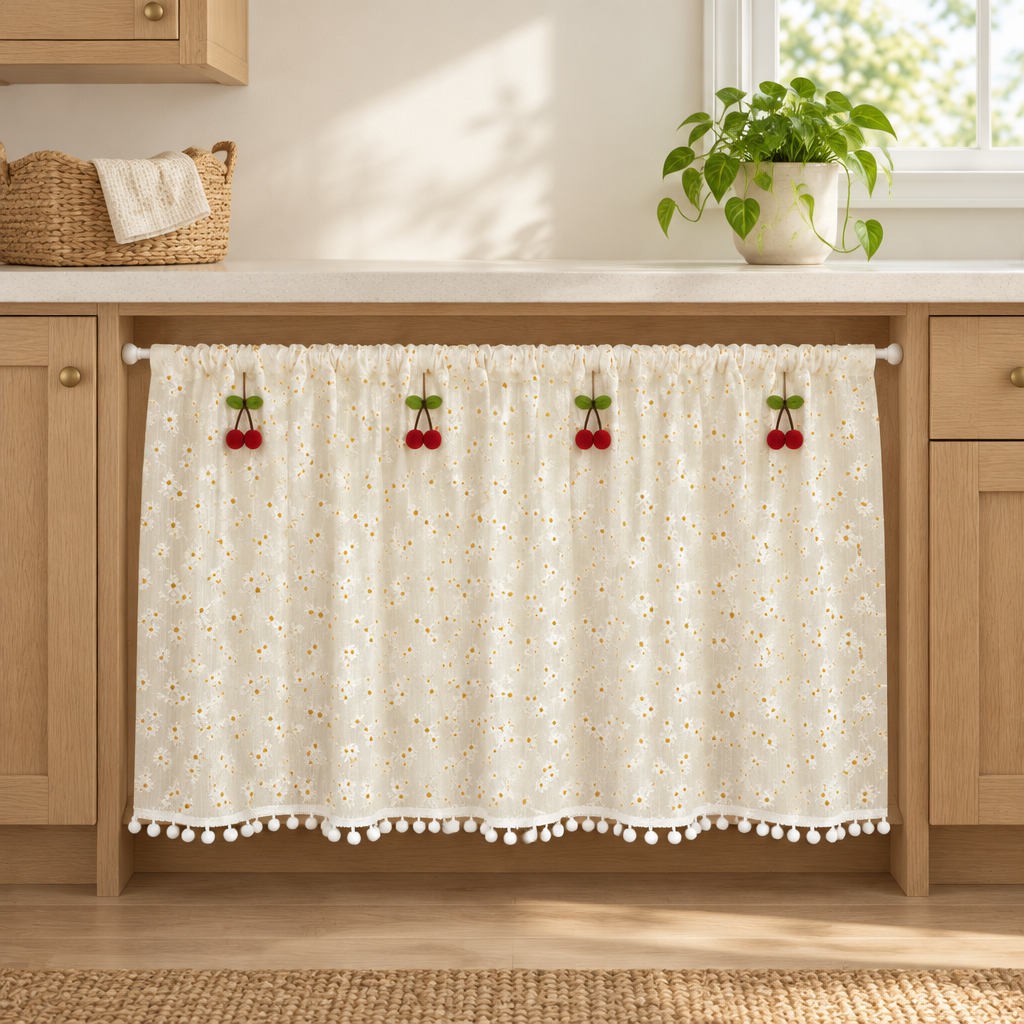 Daisy Breeze Cabinet Curtain covering an open lower kitchen cabinet on a tension rod