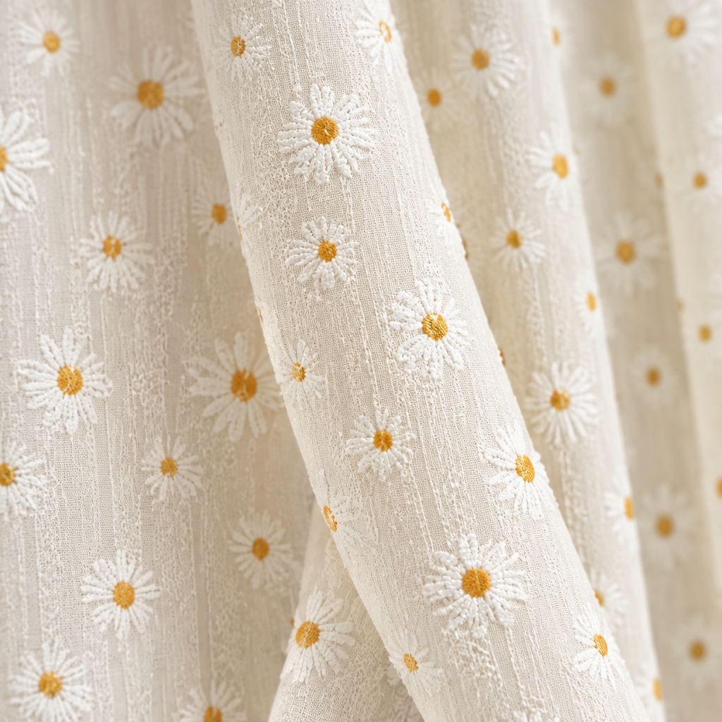 Close-up of the cream textured weave with white and yellow daisies on the Daisy Breeze Cabinet Curtain