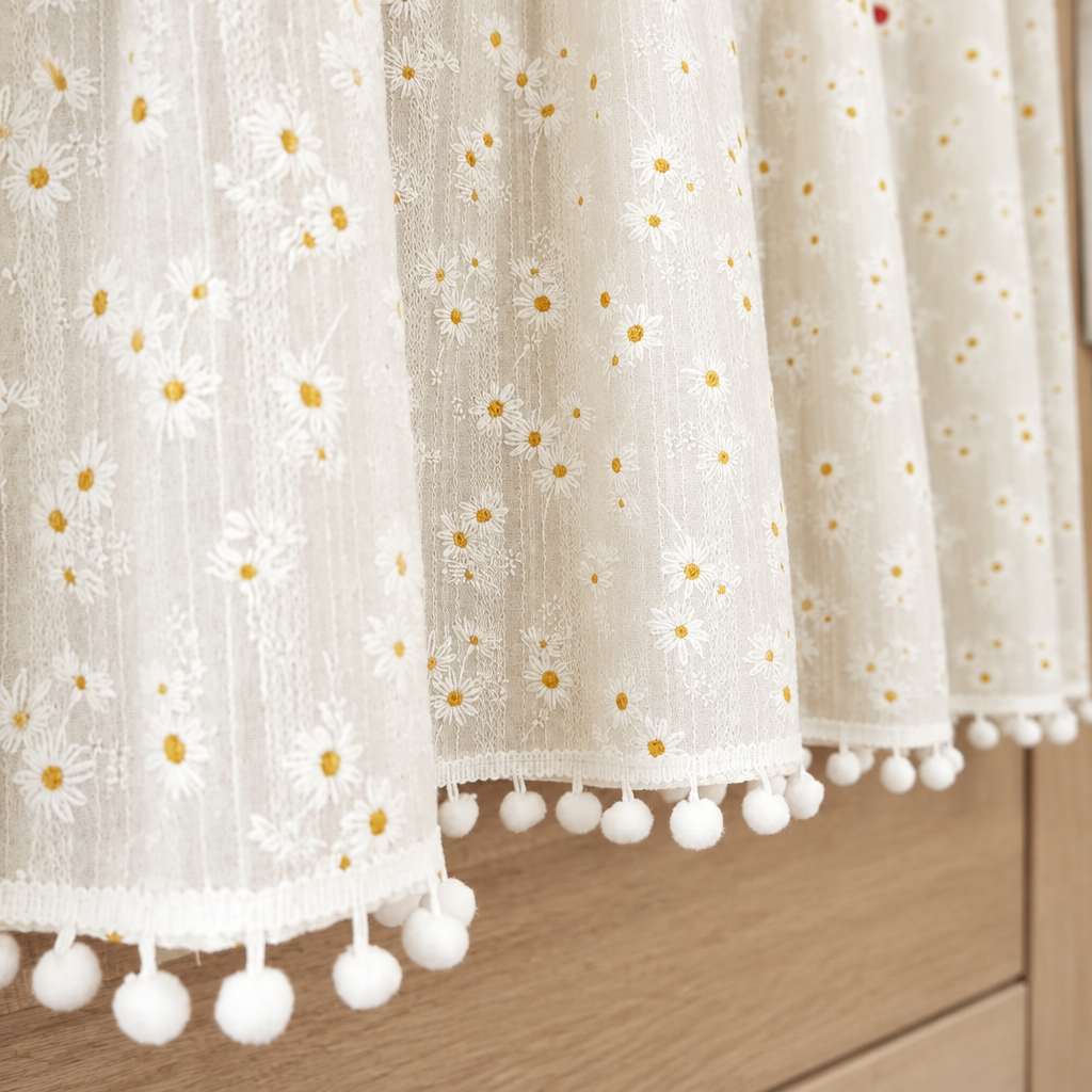 Close-up of the white pom-pom hem on the Daisy Breeze Cabinet Curtain
