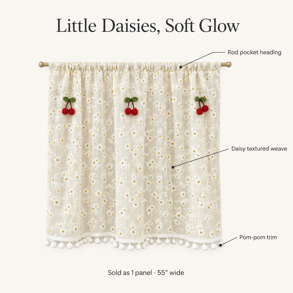 Daisy Breeze Cabinet Curtain features: rod pocket heading, daisy textured weave, pom-pom trim, sold as 1 panel 55 inches wide